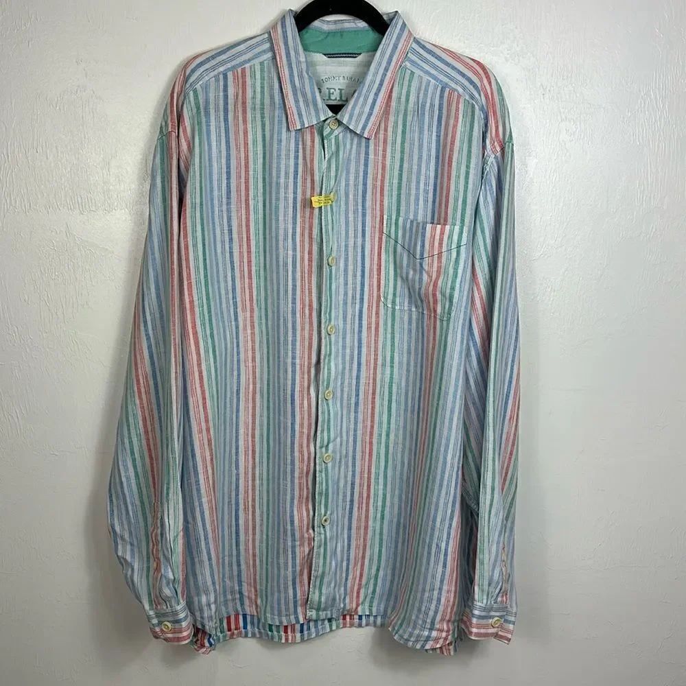 Tommy Bahama Relax Linen Striped Long Sleeve Button Down Shirt Size XXL